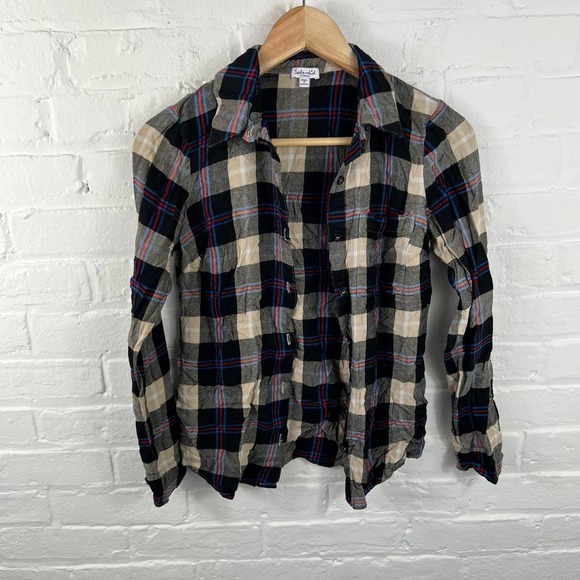 Splendid Womens Plaid Slim Fit Button Down Shirt Long Sleeve Black White X-Small - Picture 1 of 4
